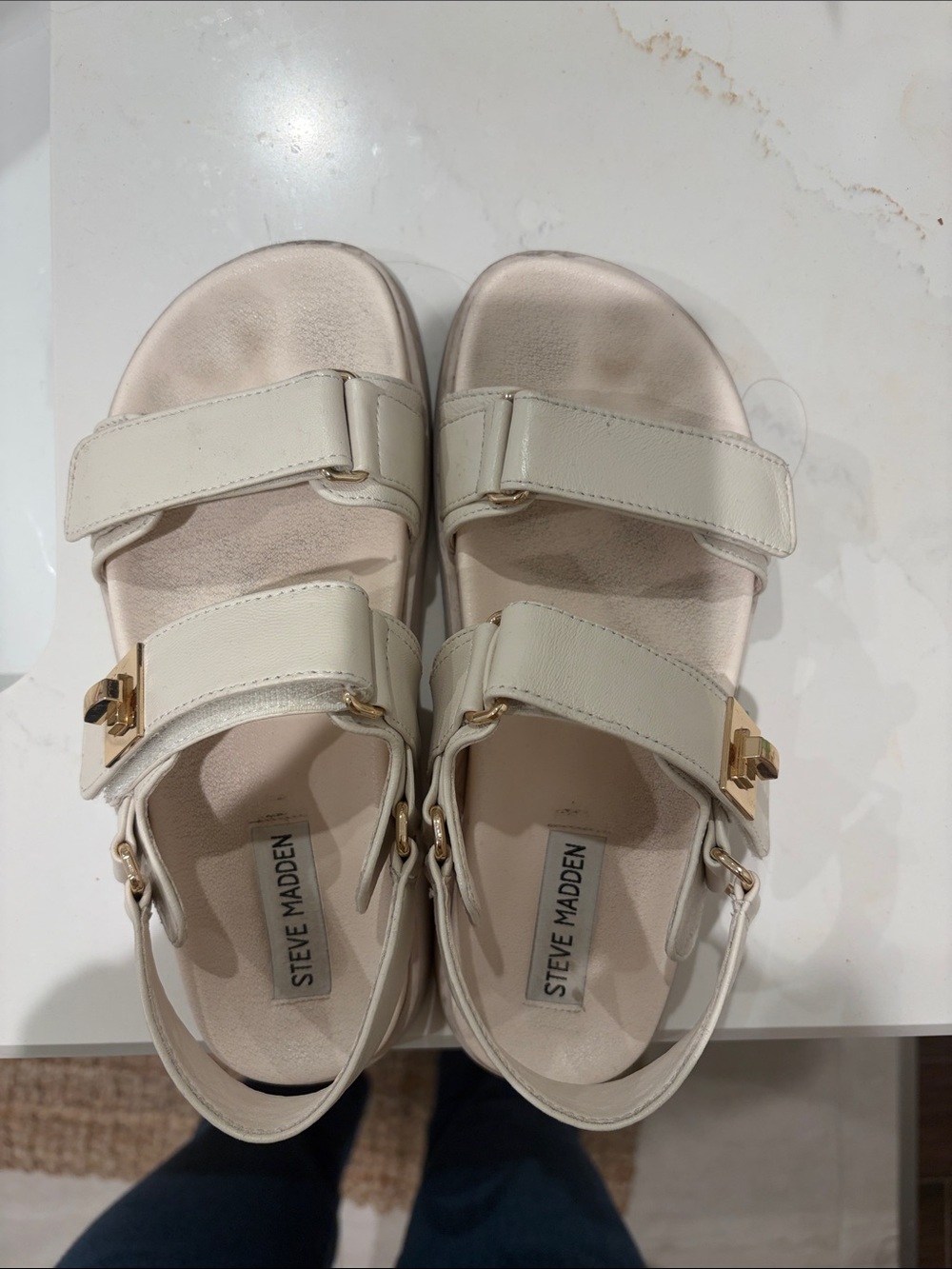 Steve Madden  Off-White Leather Double-Strap Sandals with Gold Buckles